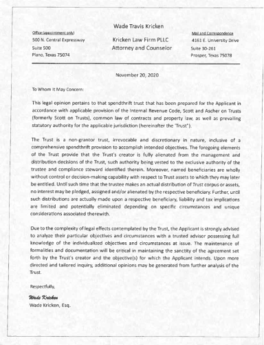 Legal Opinion from Wade Kricken