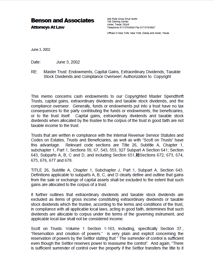 Legal Opinion from Benson