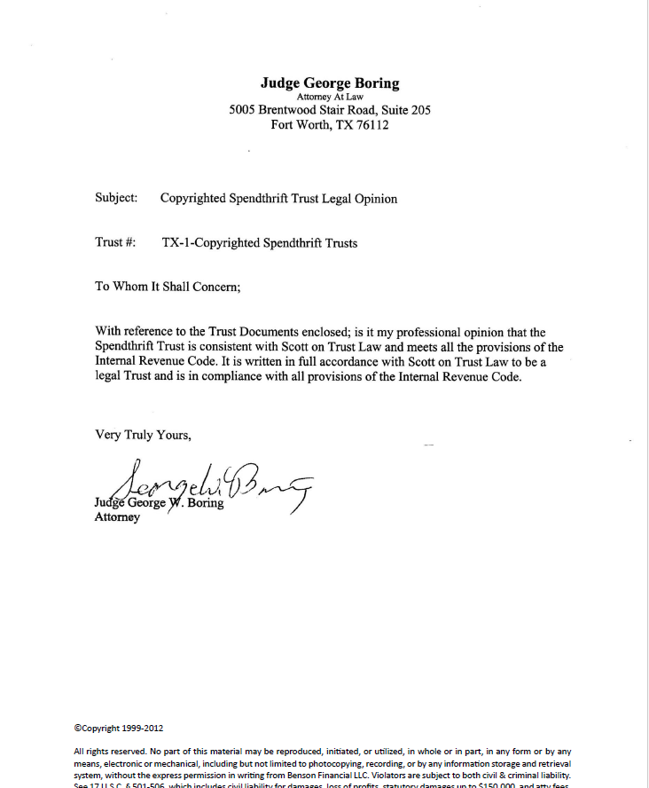 Legal Opinion from George Boring